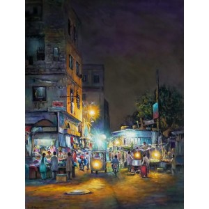 Hanif Shahzad, Street at Night - Karachi, 21 x 28 Inch, Oil on Canvas,  Landscape Painting, AC-HNS-123